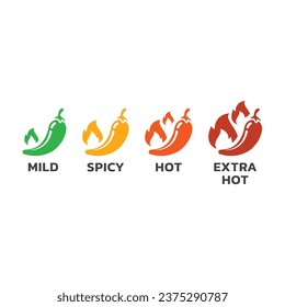 Chili pepper, mild and hot, jalapeno icons. Spicy and extra hot peppers or hallapeno icon set. Mexican and Asian food.