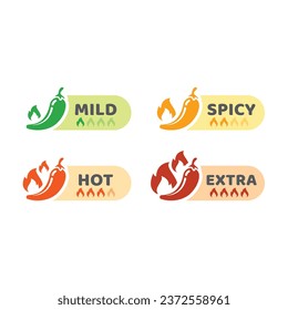 Chili pepper, mild and hot label with fire flames. Spicy and extra hot peppers icon set.