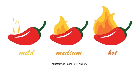 Chili pepper. Mild, medium and hot chilli pepper. Emblems jalapeno or chilli peppers. Vector illustration isolated on a white background for design and web.