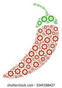 Chili Pepper mosaic of gear elements. Vector cog wheel parts are united into chili pepper figure.