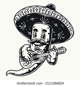 Chili pepper musician with mustache wearing sombrero playing guitar in monochrome vintage style, vector illustration