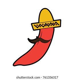 chili pepper with mustache and sombrero mexico culture icon imag