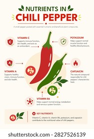 Chili pepper nutrient infographic featuring vitamin C, vitamin A, vitamin B6, potassium, capsaicin, peppers, leaves, and nutrition icons.