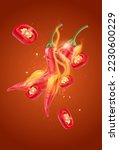 Chili pepper on fire with chili slice of pieces splashing elements ads isolated on solid color background, Vector realistic in 3D illustration.