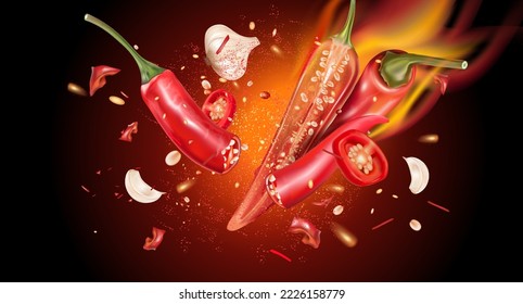 Chili pepper on fire with chili slice of pieces splashing elements ads isolated on solid color background, Vector realistic in 3D illustration.