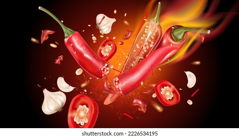 Chili pepper on fire with chili slice of pieces splashing elements ads isolated on solid color background, Vector realistic in 3D illustration.