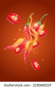 Pimienta de chile en llamas con rebanada de chile de piezas salpicando elementos aislados en un fondo de color sólido, Vector realista en ilustración 3D.