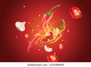 Chili pepper on fire with chili slice of pieces splashing elements ads isolated on solid color background, Vector realistic in 3D illustration.