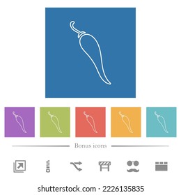Chili pepper outline flat white icons in square backgrounds. 6 bonus icons included.