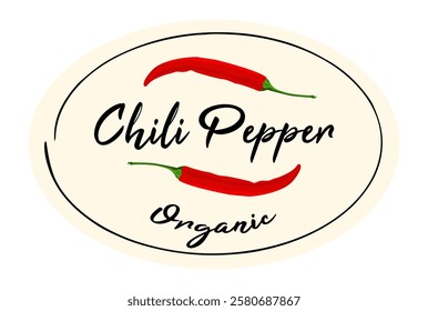 Chili pepper oval logo sticker. Oval label with chili pepper on beige background. Ready design for packaging tag. Seasonal badge for your product.