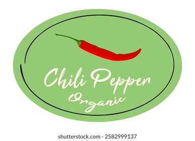 Chili pepper oval logo sticker. Classic label with chili pepper on light green background. Ready design for packaging tag. Seasonal badge for your product.