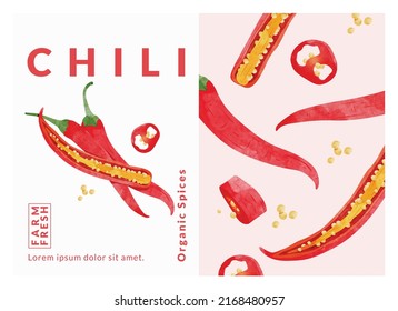 Chili Pfeffer Packaging Design-Vorlagen, Aquarell-Vektorgrafik.