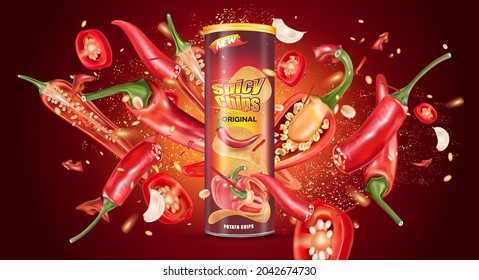 Chili pepper packaging mock up with chili splashing elements ads isolated on solid color background, Vector realistic in 3D illustration.