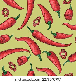 Chili pepper pattern seamless colorful with red fruits for cooking spices that give food burning taste vector illustration