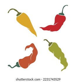 Chili pepper pod icons set. Hot pepper color silhouette. Asian or Mexican cuisine.