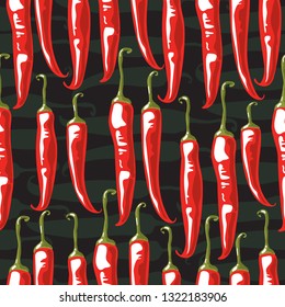 Chili pepper pod vector illustration. Seamless pattern. Design element for fabric, wallpaper, gift wrap, culinary products, seasoning and spice package, cooking book.