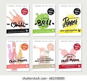 Chili pepper posters set with healthy organic bio products and sauce in sketch style vector illustration