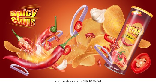 Chili pepper with potato chips and packaging mock up splashing elements isolated on dark color background, Vector realistic in 3D illustration.