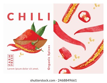 Chili-Pfeffer-Pulver-Verpackungs-Design-Vorlagen, Aquarell-Stil-Vektorillustration.