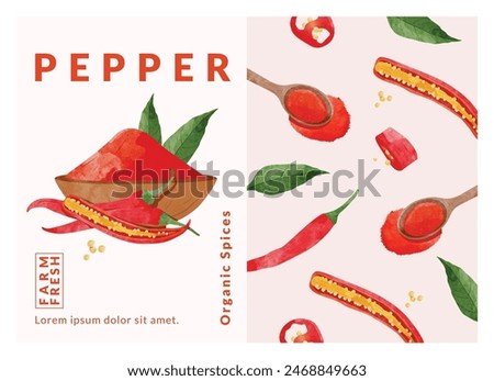 Chili pepper powder  packaging design templates, watercolour style vector illustration.