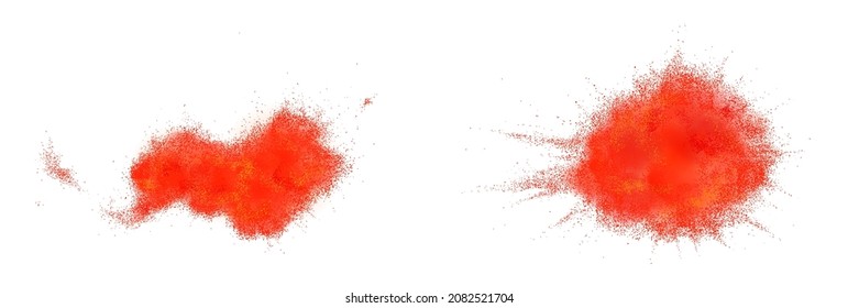 Chili Pepper Powder Splash, Isolated Spicy Burst, Dust Or Red Color Explosion On White Background. Chilli Or Paprika Spice Splatters, Paint Clouds Design Elements, Realistic 3d Vector Illustration