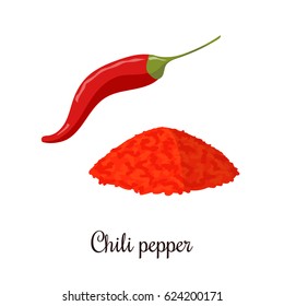 Chili pepper realistic style isolated on white background. Chili pepper powder. Spice symbol. For food design, restaurant, store, natural health care products. Can be used as logo, price tag, label