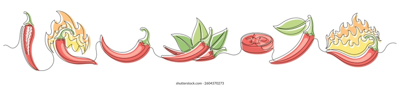Chili pepper red continuous one line drawing set isolated on a white background. Horizontal banner. Outline chili pepper vegetable collections. Editable stroke. Vector illustration