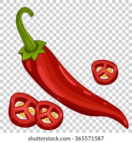 Chili pepper. Red hot natural chili pepper pod vector icon on transparent background. Design illustration for grocery, culinary product, seasoning spice package, recipe decoration, cooking book
