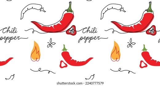 Chili pepper, red hot pepper seamless pattern. One continuous line art drawing design of chili pepper pattern.