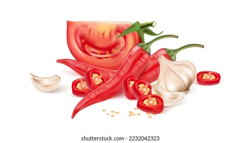 Chili pepper with ripe chili slices, galics, tomato elements isolated on white background, Vector realistic in 3D illustration. Top view.