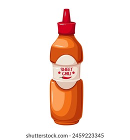 Chili pepper sauce bottle, cartoon plastic jar with Sweet chili text on label. Red container with squeeze lid, cartoon spicy liquid chilli product for food flavoring in package vector illustration