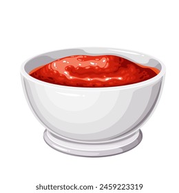 Chili-Pfeffer-Sauce in Cartoon-weiße Glasschüssel. Keramische runde Tasse Ketschup mit Gewürzen, Tomatenmark oder Süßsauce, Cartoon-Gewürz, würzige Dip für Fast Food und Snacks Vektorillustration