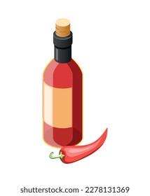 Chili pepper sauce in glass bottle isometric icon 3d vector illustration