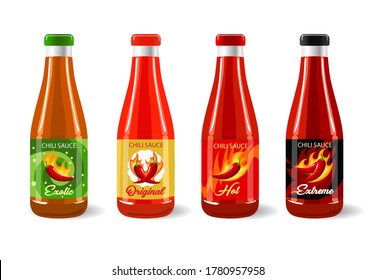 Chili pepper Sauce set. Tomato, exotic, extreme spicy sause in glass bottle isolated on white background. Vector illustration