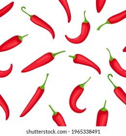 Chili pepper seamless pattern. Cartoon spicy hot red peppers, texture for fire sauces and mexican food. Condiment from mexico vector print. Natural ingredients for seasoning, cafe design