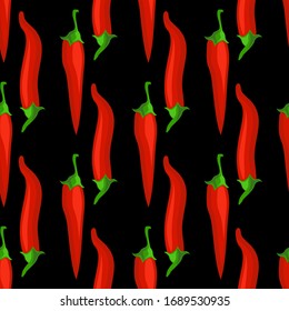 Chili pepper seamless pattern. Flat red hot chili peppers on a black background. Spicy food ingredient. 