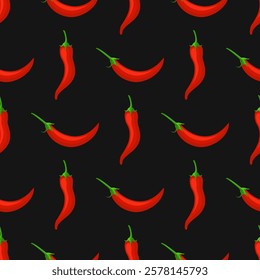 Chili pepper seamless pattern. Flat red hot chili peppers on a black background. Spicy food ingredient. 