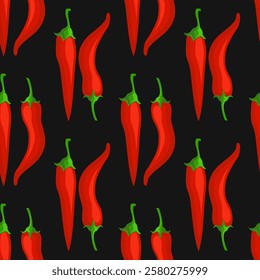 Chili pepper seamless pattern. Flat red hot chili peppers on a black background. Spicy food ingredient. 