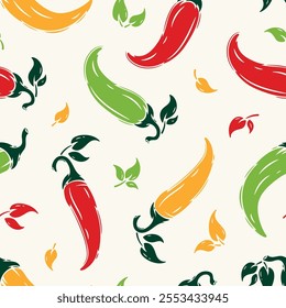 Chili Pepper Seamless Pattern. Hot Chilli Taste. Spicy Food. Hand drawn. Vector illustration.