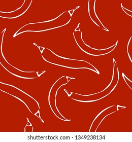 Chili pepper seamless pattern on red background. Simple monochrome vector illustration.