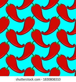 Chili pepper, seamless pattern on blue background.