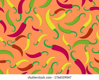 Chili pepper seamless pattern. Spicy spice for dishes. Background for menu, print advertising products, wrapping paper and banners. Vector illustration