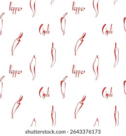 Chili pepper seamless pattern with text on white background in red line art style for kitchen wraps or food branding