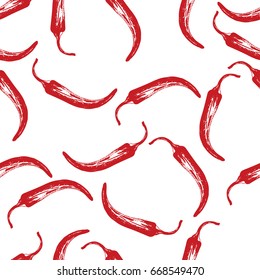 Chili Pepper seamless pattern. Vegetable engraved style object. Isolated hot spicy mexican pepper. Detailed vegetarian food drawing. Red pepper.