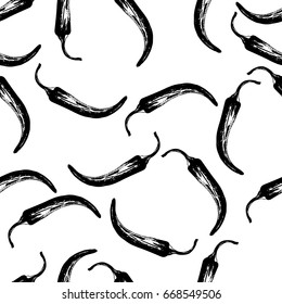 Chili Pepper seamless pattern. Vegetable engraved style object. Isolated hot spicy mexican pepper. Detailed vegetarian food drawing. Ink illustration.
