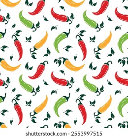 Chili Pepper Seamless Vector Pattern. Hot Chilli Taste. Spicy Food. Hand drawn illustration