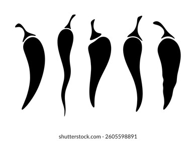 Chili pepper, a set of black silhouettes isolated on a white background, vector graphic illustration, flat design. Hot jalapeno pepper, a burning vegetable for decoration, design, menu, labels, covers