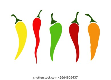 Chili pepper, un conjunto de chiles calientes de diferentes colores brillantes aislados en Ilustración vectorial blanca y plana. Decorativo caliente, quemando el elemento para la decoración, diseño, etiquetas, Colección del menú de iconos, logotipos