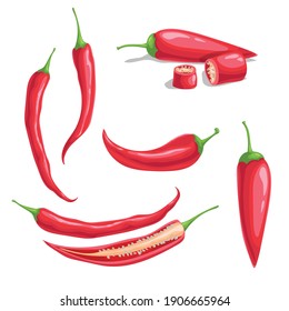 Chili pepper set in cartoon flat style. Different type of hot spicy vegetables. Whole and cut. Cayenne peppers. Vector illustrations isolated on white background.