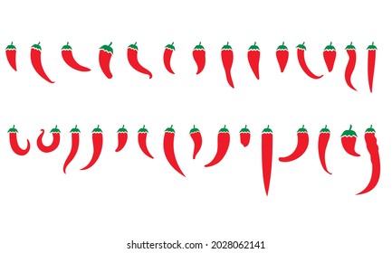 Chili pepper set in cartoon flat style. Different type of hot spicy vegetables. Whole and cut. Cayenne peppers. Vector illustrations isolated on white background.